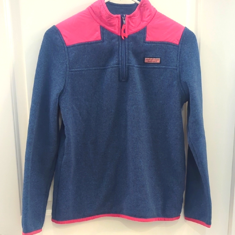 Girl's Vineyard Vines Blue & Pink Fleece Quart Zip & Martha's Vineyard Emble